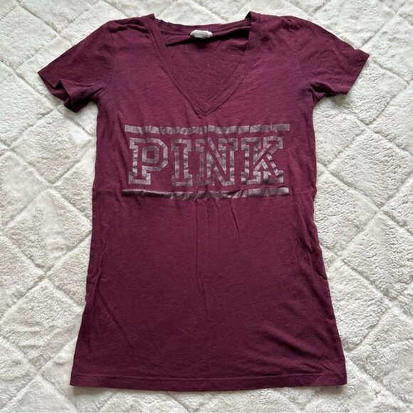 Victoria's Secret PINK | Maroon Logo Short Sleeve V-Neck Tee Shirt | Size Small - Picture 2 of 8